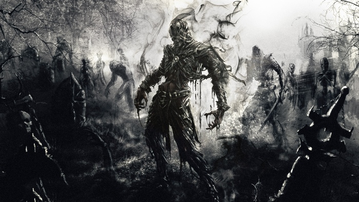 Zombies in a dark, eerie forest