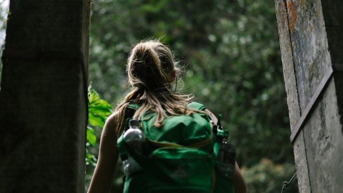 Woman Hiking Across Bridge in Green Jungle