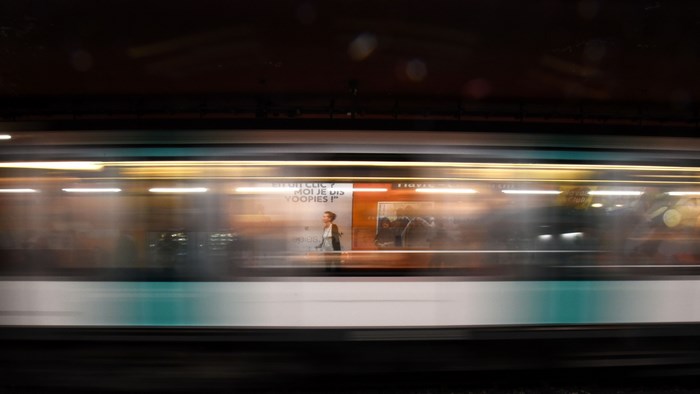 Motion blur of a train in a Paris subway station