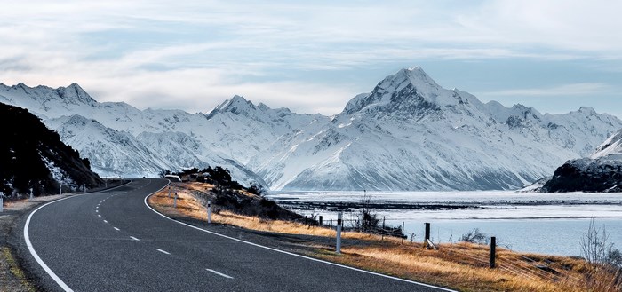 Snowy mountain road with Aoraki in the background