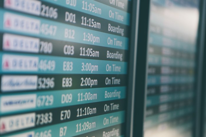 Delta Airlines flight departure board