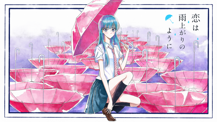 Girl with blue hair and pink umbrellas
