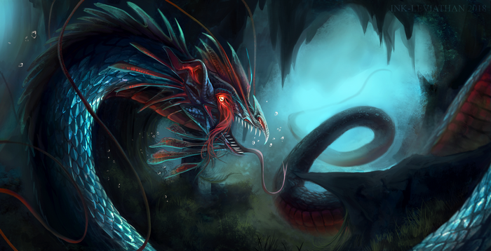 Sea Monster in a Dark Underwater Cave