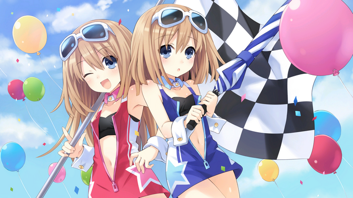 Ram and Rom from Hyperdimension Neptunia with Balloons and Flag