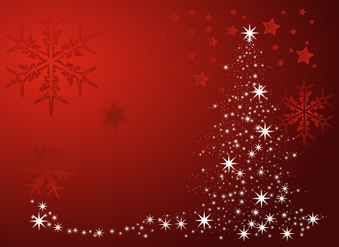 Christmas tree and snowflakes on red background