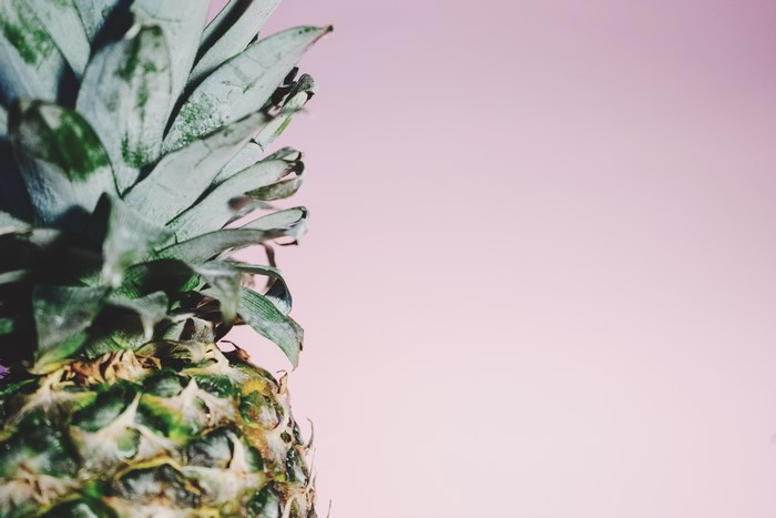 Close up of a pineapple with green leaves