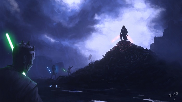 Star Wars: Darth Maul and Jedi duel on a pile of bodies