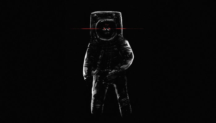 Astronaut with glowing red eyes and skull face