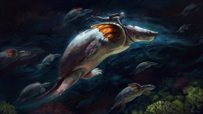 Scuba diver riding a giant turtle with other sea creatures