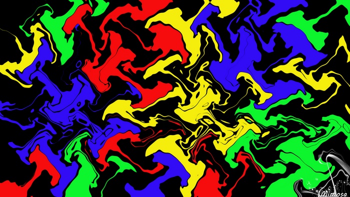 Abstract colorful wavy pattern with red, yellow, blue, and green on black
