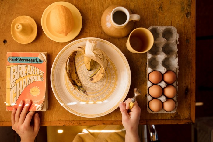 Kurt Vonnegut's Breakfast of Champions book with breakfast items