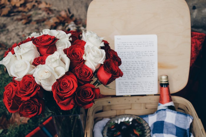 Picnic with red and white roses, letter, and champagne