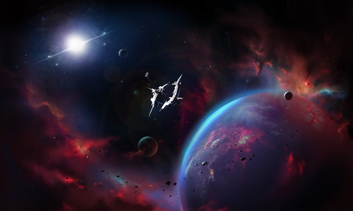 Spaceship near planets and nebula