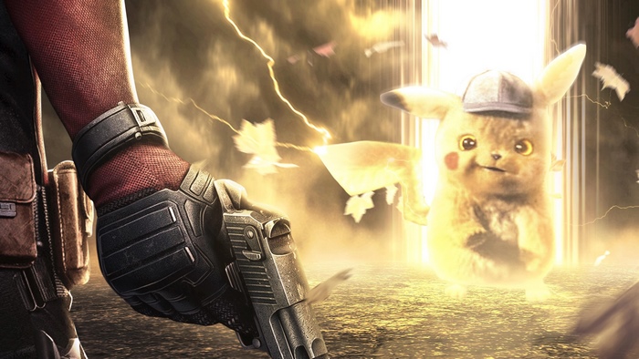 Deadpool aiming gun at Detective Pikachu