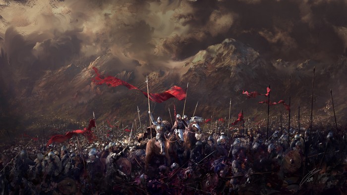 Massive army with red banners on horseback