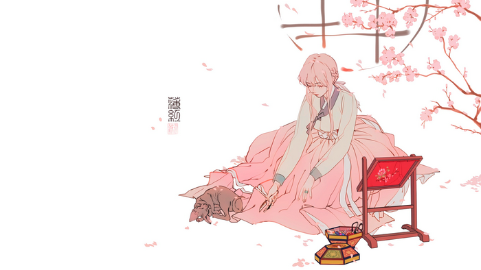 Girl in Korean Hanbok with Cherry Blossoms