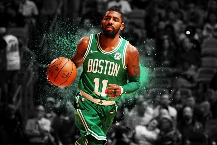 Kyrie Irving of the Boston Celtics dribbling a basketball
