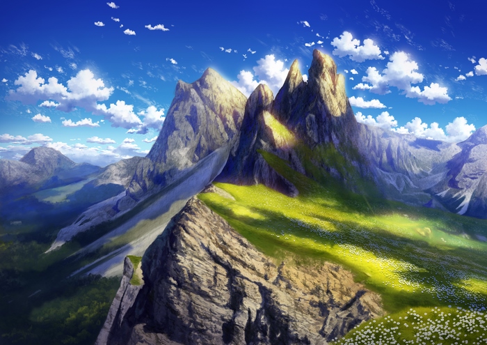 Mountain landscape with flowers and clouds