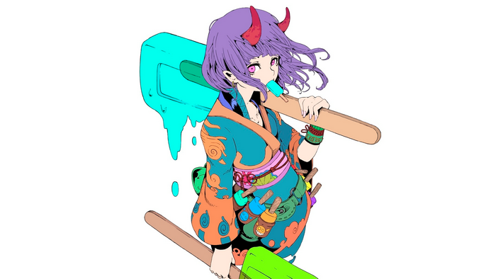 Anime girl with purple hair and horns holding ice cream