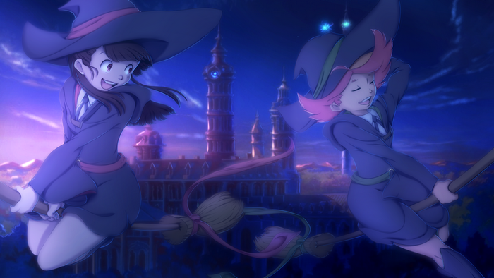 Akko Kagari and Amanda O'Neill flying brooms