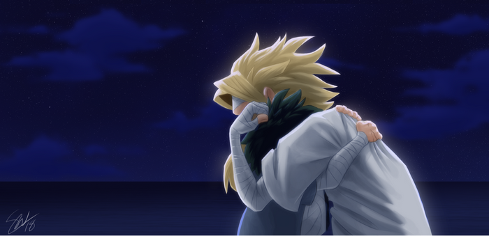 All Might and Izuku Midoriya hugging at night