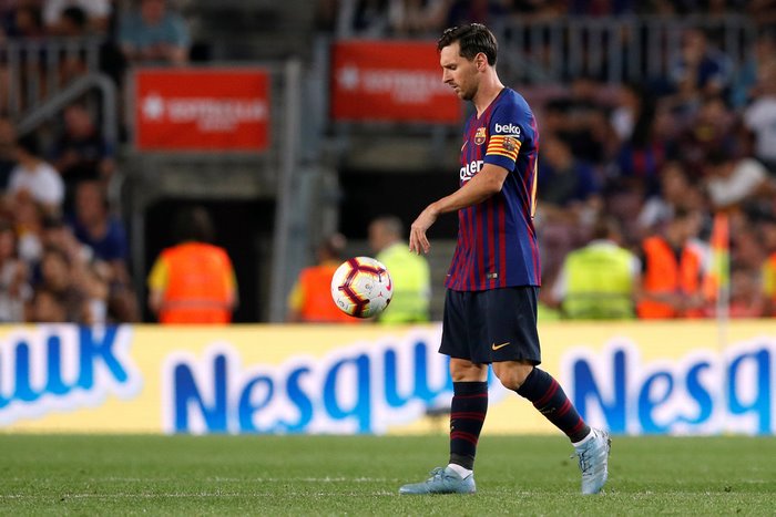 Lionel Messi of FC Barcelona playing soccer