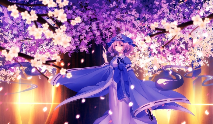 Yuyuko Saigyouji under a blooming cherry tree