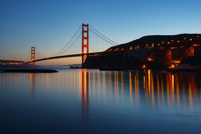 Golden Gate Bridge at Dusk with Reflections
