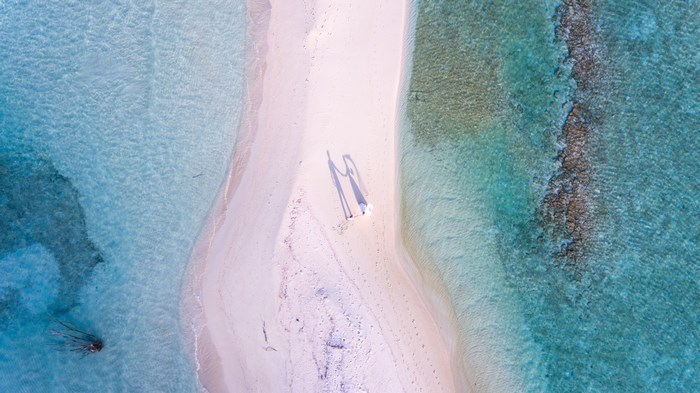 Couple holding hands on a sandbar in the Indian Ocean