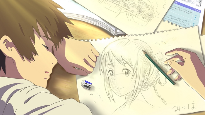 Mitsuha Sketching with Taki Sleeping Nearby