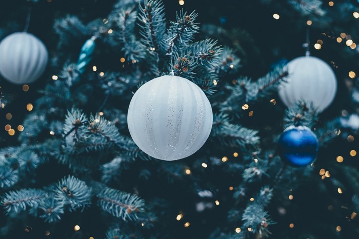 Elegant Christmas Tree with White and Blue Baubles