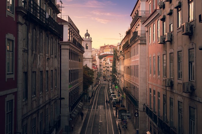 Lisbon Street with Tram Tracks at Sunset