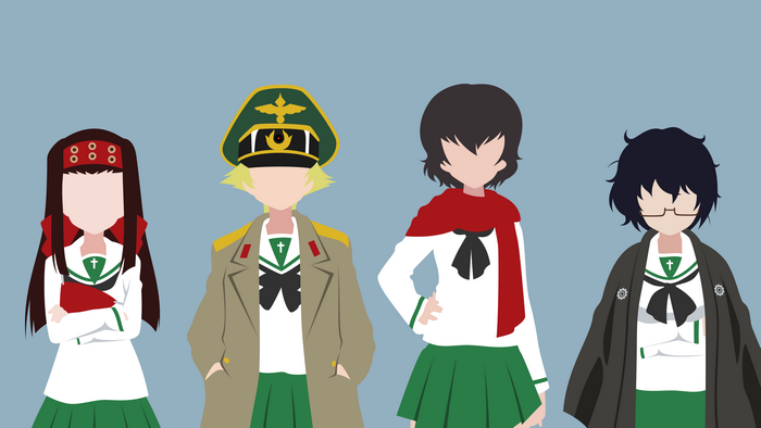 Girls und Panzer characters Caesar, Saemonza, Oryou, and Erwin