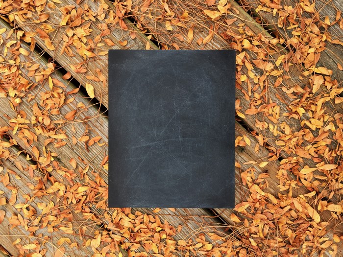 Black chalkboard on wooden planks with autumn leaves