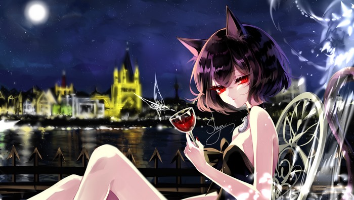 Cat girl with red eyes holding wine glass at night