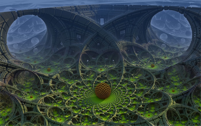 Mandelbulb fractal with a sphere and green landscape
