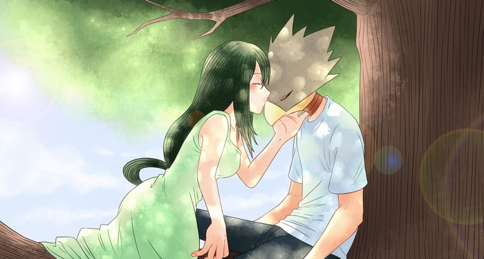 Tsuyu Asui and Fumikage Tokoyami sitting on a tree branch
