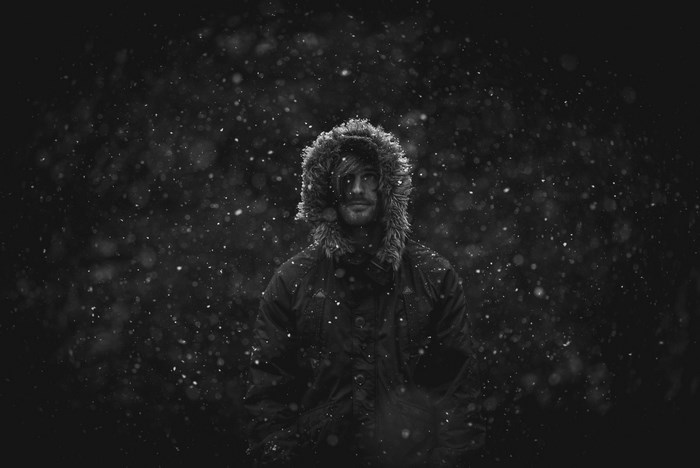 Man in fur-lined hooded jacket in snow