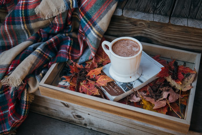 Cozy Autumn Scene with Hot Chocolate and Blanket