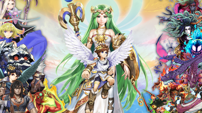 Palutena and Pit from Kid Icarus with enemies