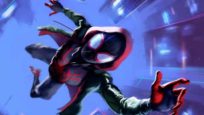 Miles Morales Swinging Through Cityscape