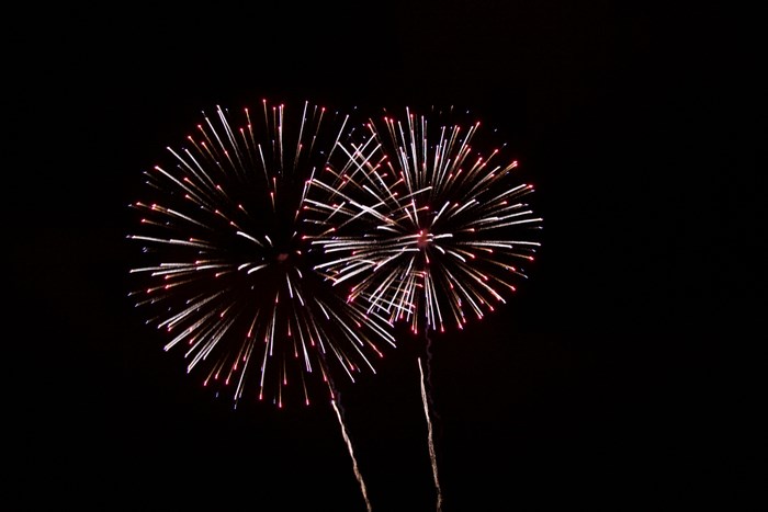 Two fireworks explode in the night sky