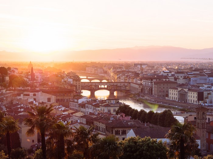 Florence cityscape at sunrise with Ponte Vecchio