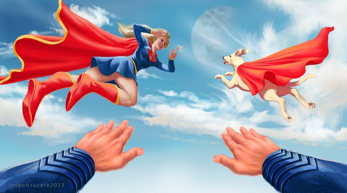 Supergirl and Krypto flying in the sky