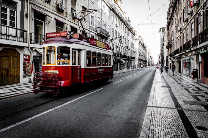 Red Tram on a Street in Lisbon, Portugal