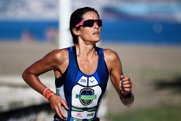 Woman running in a triathlon race