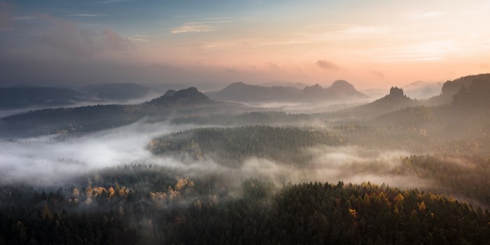 Misty Forest and Mountains at Sunrise in Saxon Switzerland