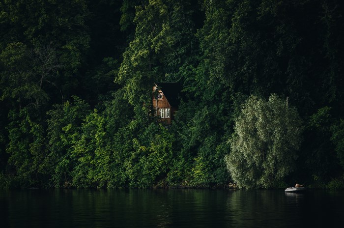 Wooden house surrounded by trees on a riverbank