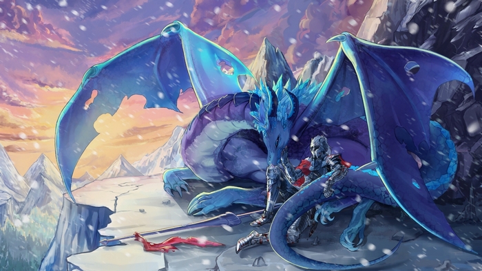 Knight and Blue Dragon in Snowy Mountains