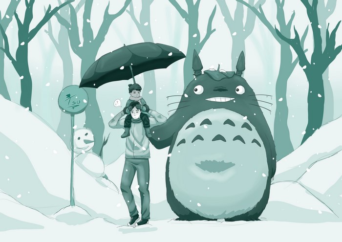 Totoro and Father and Child in Snow
